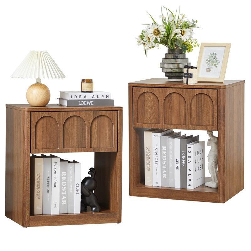 MDF Tek Çekmeceli Raflı Kemerli Tasarım İkili Komodin Seti - 50 cm - 223398
