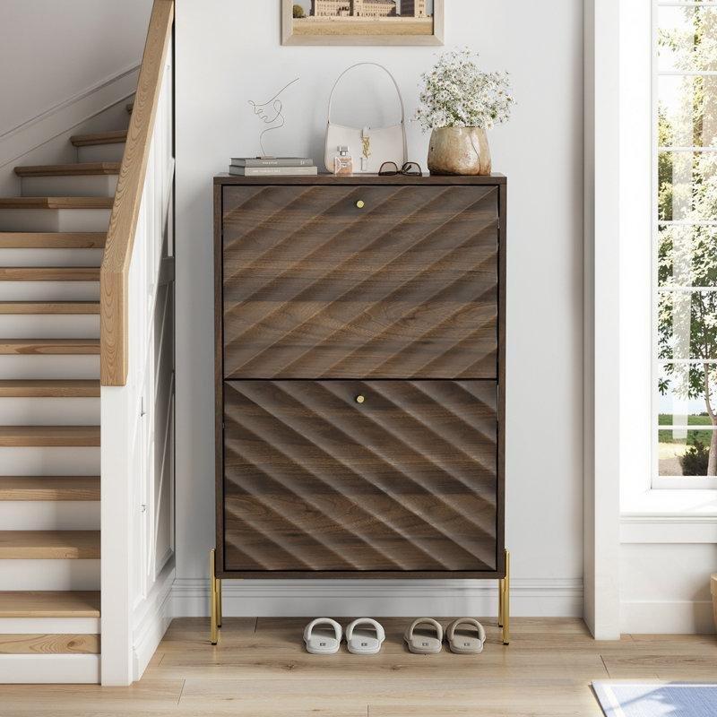 MDF ve Metal Ayaklı 2 Düşer Kapaklı Oluklu Panelli Ayakkabılık - 61x25x99 cm - 229538