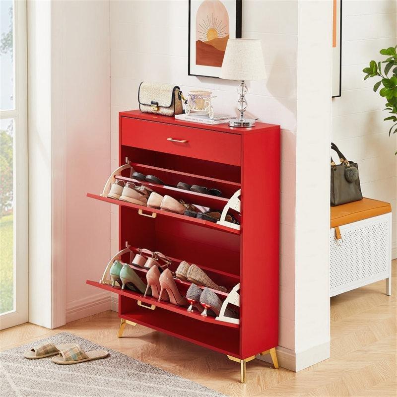 MDF ve Metal Düşer Kapaklı Panjurlu Dar Tasarım Ayakkabılık - 81x25x111 cm - 229854
