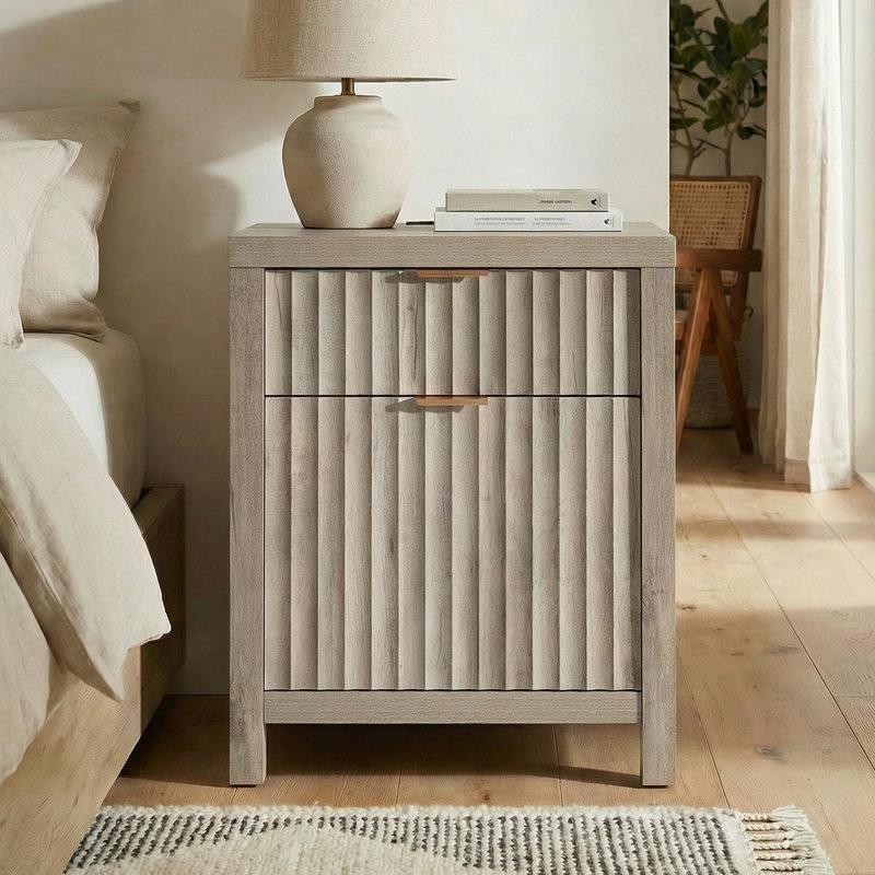 MDF Yivli Dahili Prizli ve USB Portlu İki Çekmeceli Komodin - 51x39x64 cm - 224665