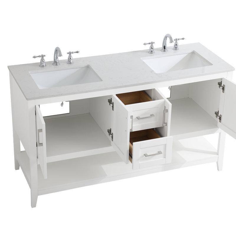 Mermer Kompozit Tezgahlı Masif Ahşap Çift Lavabolu Ayaklı Banyo Dolabı - 153 cm - 200006