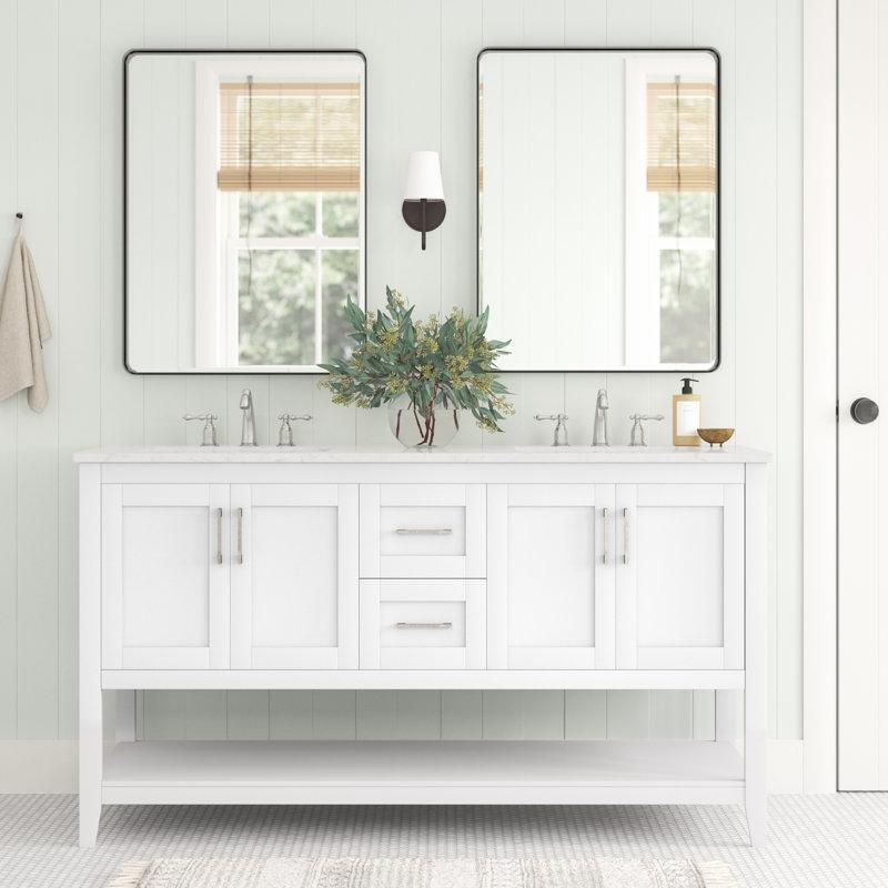 Mermer Kompozit Tezgahlı Masif Ahşap Çift Lavabolu Ayaklı Banyo Dolabı - 153 cm - 200006