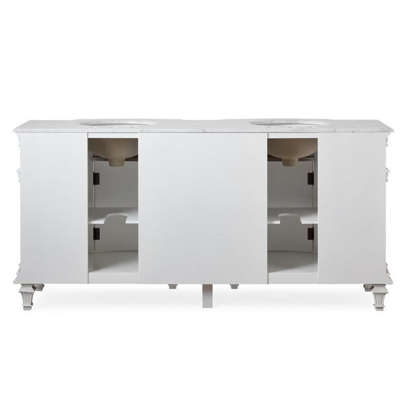 Mermer Tezgahlı Beyaz Masif Ahşap Çift Lavabolu Banyo Lavabo Dolabı - 183 cm - 200168