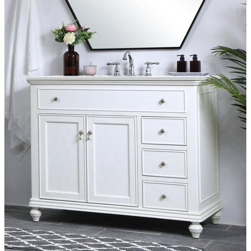 Mermer Tezgahlı Huş Ağacı Yavaş Kapanır Çekmeceli Ayaklı Banyo Lavabo Dolabı - 107 cm - 201495