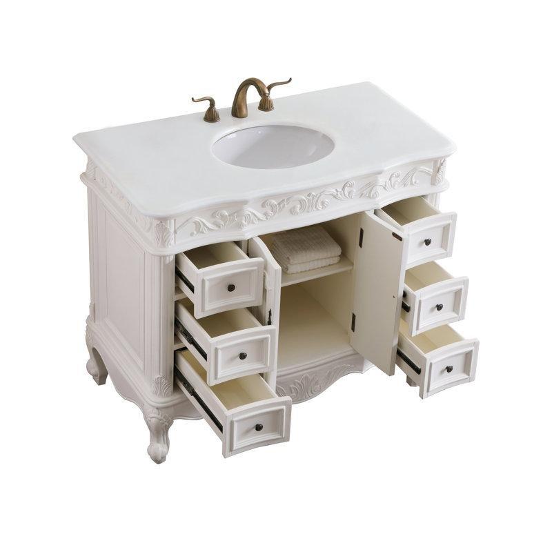 Mermer Tezgahlı Masif Ahşap Oymalı Ayaklı Banyo Lavabo Dolabı - 107 cm - 201061