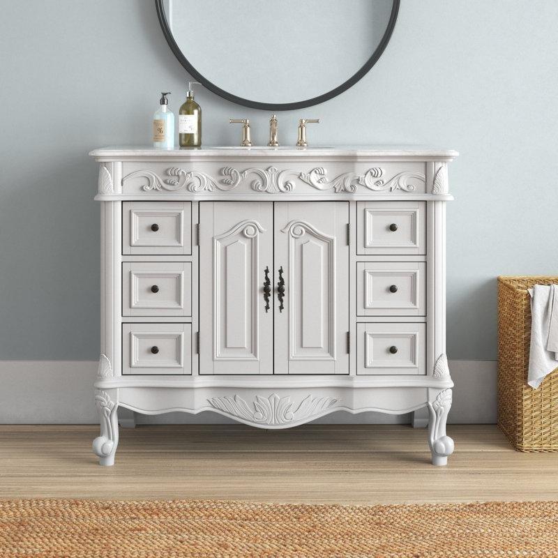 Mermer Tezgahlı Masif Ahşap Oymalı Ayaklı Banyo Lavabo Dolabı - 107 cm - 201061