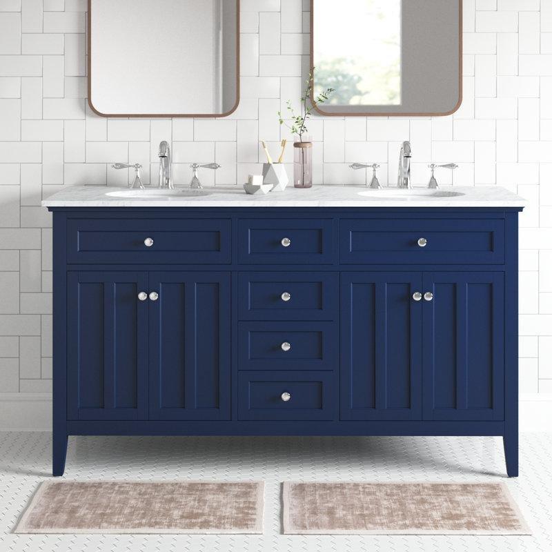 Mermer Tezgahlı Masif Huş Ağacı İkili Lavabolu Ayaklı Banyo Dolabı - 153 cm - 200198