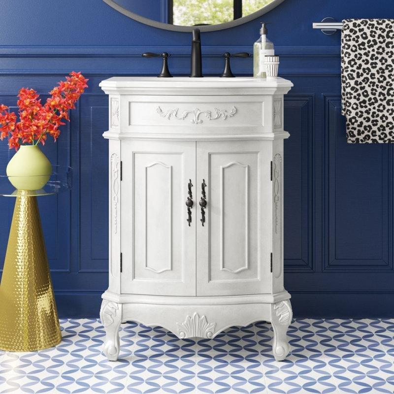 Mermer Tezgahlı Masif Huş Ahşap Ayaklı Oval Lavabolu Banyo Lavabo Dolabı - 61 cm - 201985