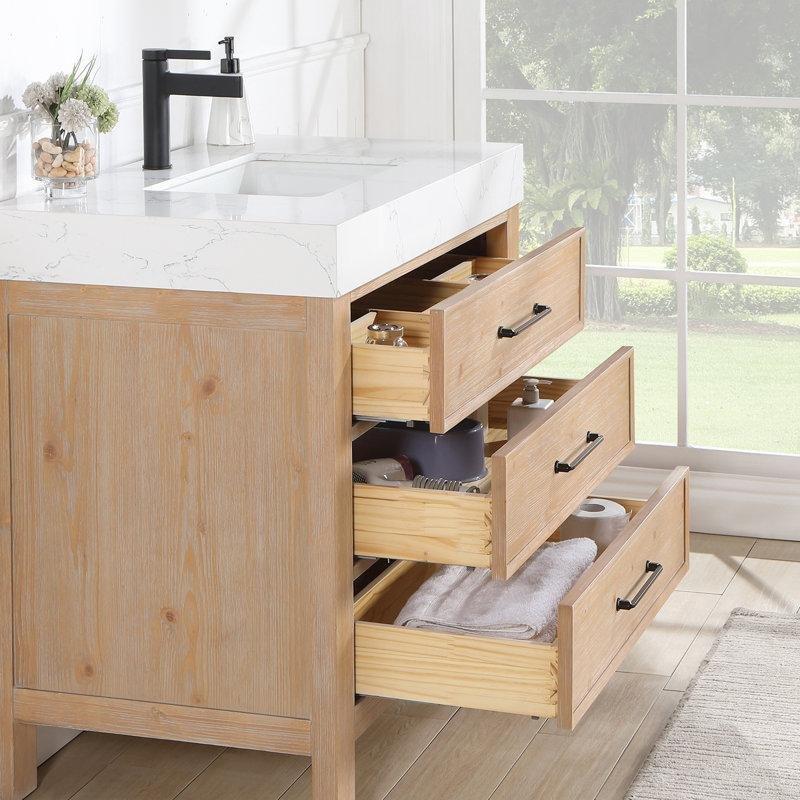 Mermer Tezgahlı Masif Köknar Ağacı Yavaş Kapanır Çekmeceli Banyo Lavabo Dolabı - 92 cm - 198128