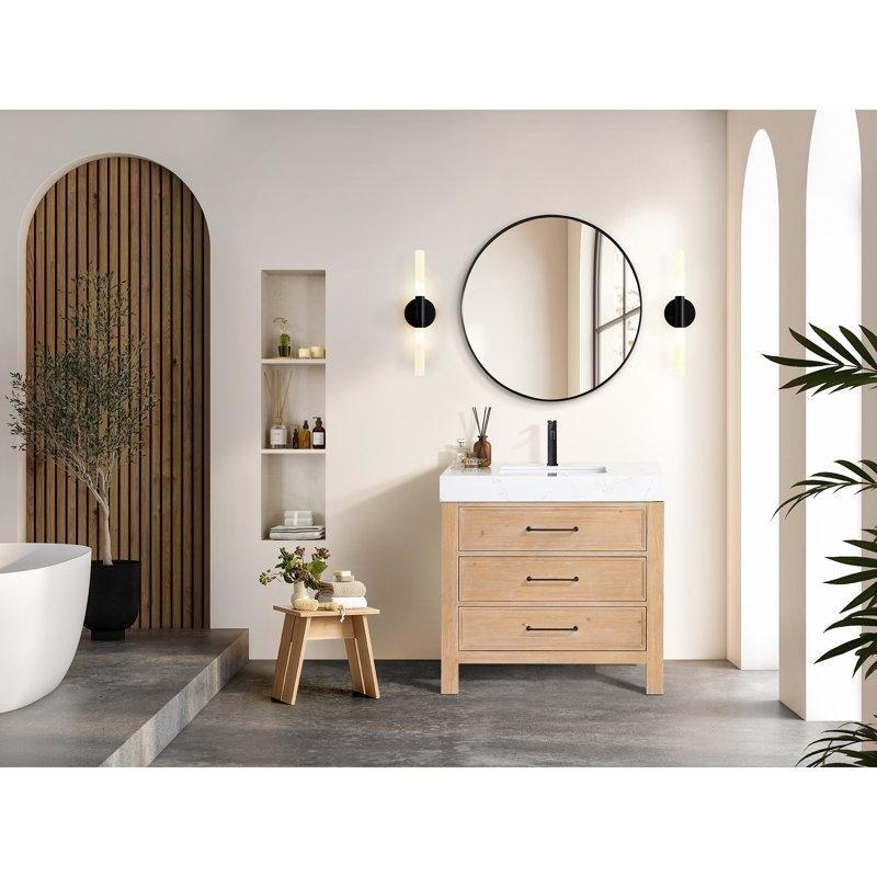 Mermer Tezgahlı Masif Köknar Ağacı Yavaş Kapanır Çekmeceli Banyo Lavabo Dolabı - 92 cm - 198128