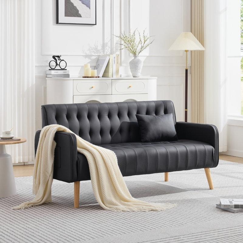 Meşe Ayaklı Suni Deri Kapitoneli USB Portlu İkili Koltuk - 146 cm - 196724