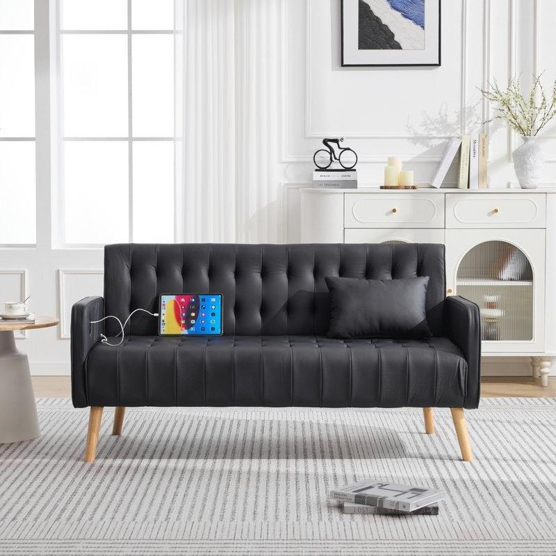 Meşe Ayaklı Suni Deri Kapitoneli USB Portlu İkili Koltuk - 146 cm - 196724