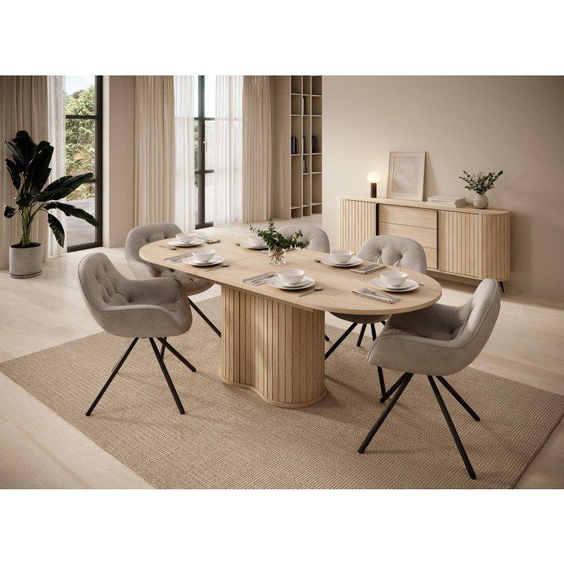 Meşe Cremona Rengi MDF Açılabilir Çıtalı Oval Bohem Yemek Masası - 180-220x90 cm - 236064
