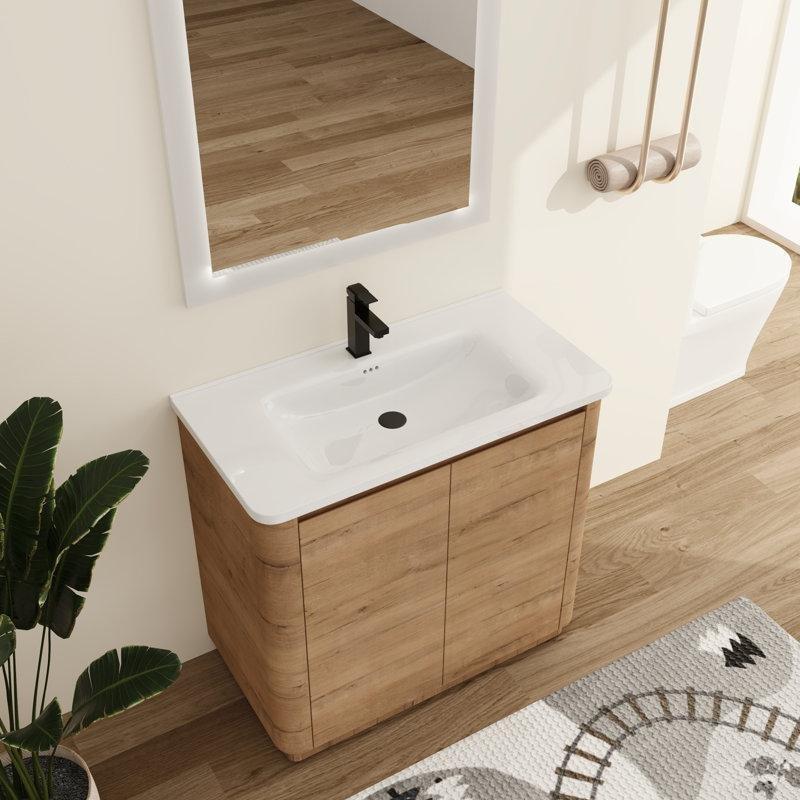 Meşe Kontrplak Seramik Tezgahlı Ayaklı Banyo Lavabo Dolabı - 92 cm - 198828