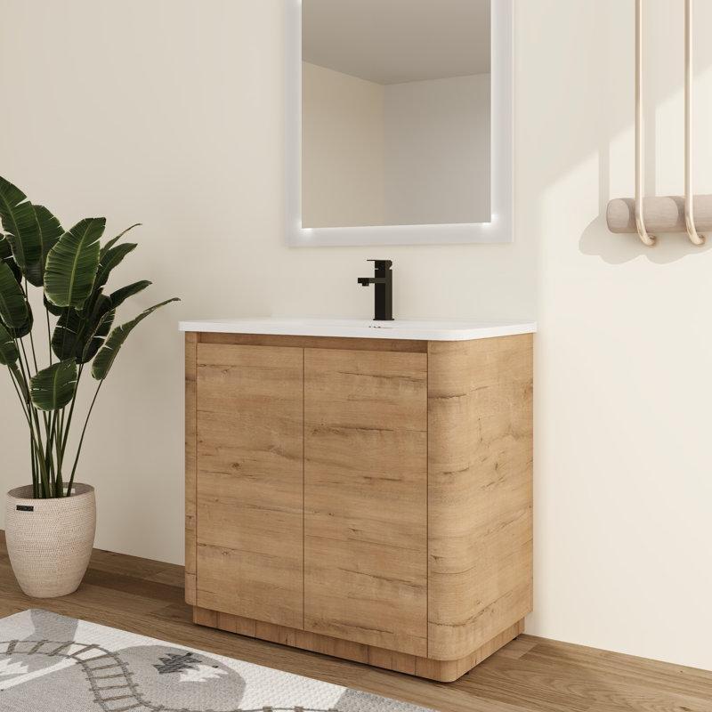 Meşe Kontrplak Seramik Tezgahlı Ayaklı Banyo Lavabo Dolabı - 92 cm - 198828