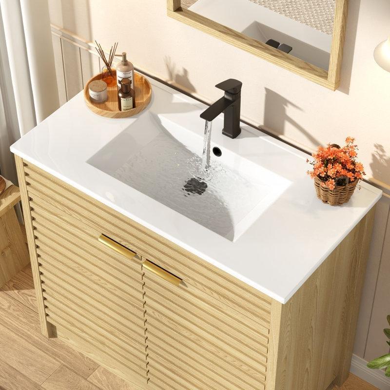 Meşe Masif Ahşap Çıtalı Kapaklı ve Yan Raflı Banyo Lavabo Dolabı - 92 cm - 198691