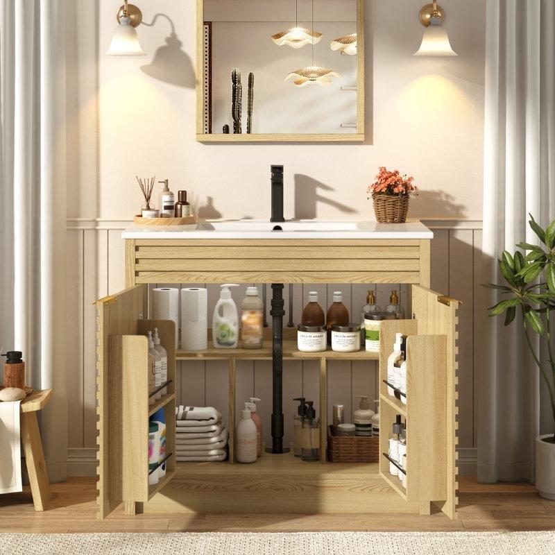 Meşe Masif Ahşap Çıtalı Kapaklı ve Yan Raflı Banyo Lavabo Dolabı - 92 cm - 198691