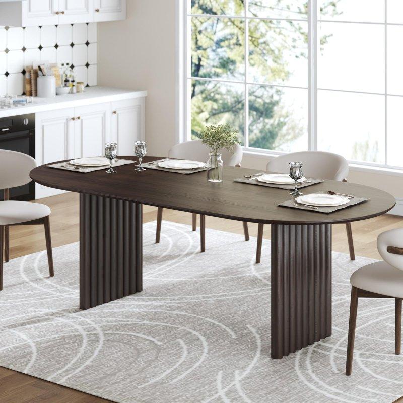Meşe Masif Ahşap Çizgili Kaide Ayaklı Oval 6-8 Kişilik Bohem Yemek Masası - 171x86 cm - 237459