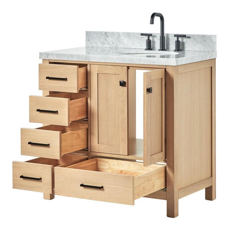 Meşe Masif Ahşap İtalyan Carrara Mermer Tezgahlı 5 Çekmeceli Banyo Lavabo Dolabı - 94 cm - 198655