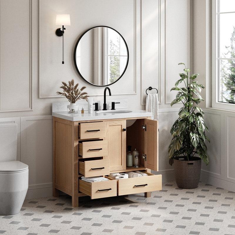 Meşe Masif Ahşap İtalyan Carrara Mermer Tezgahlı 5 Çekmeceli Banyo Lavabo Dolabı - 94 cm - 198655