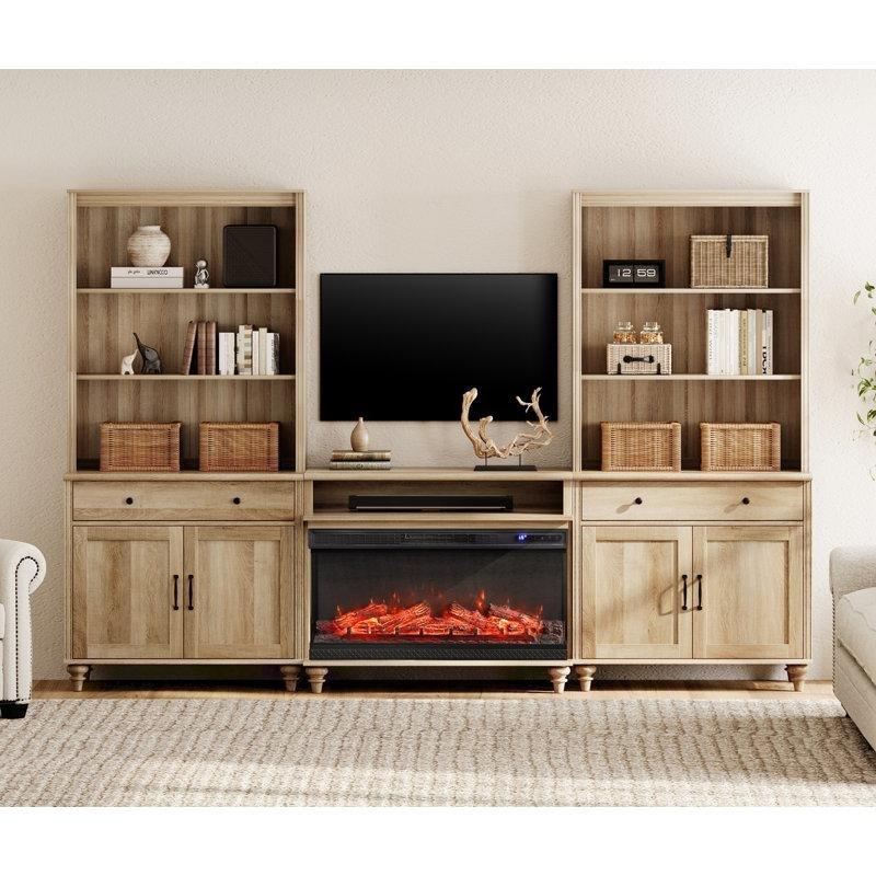Meşe Masif Ahşap Şömineli ve Kitaplıklı TV Ünitesi - 268 cm - 220312