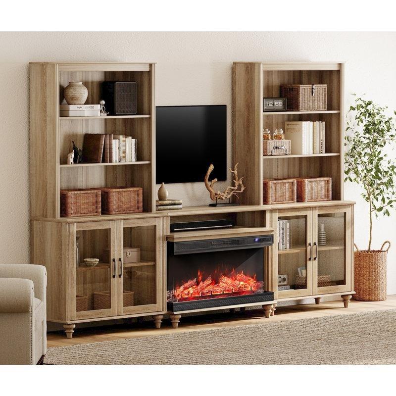 Meşe Masif Ahşap ve MDF Kitaplıklı Şömineli TV Ünitesi - 268 cm - 221562