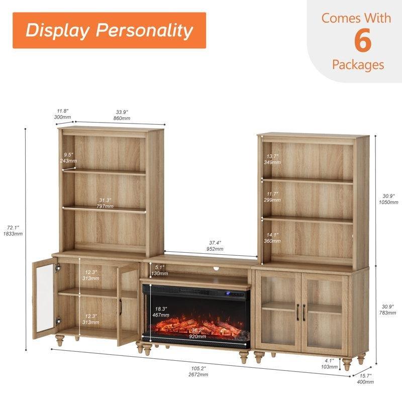 Meşe Masif Ahşap ve MDF Kitaplıklı Şömineli TV Ünitesi - 268 cm - 221562