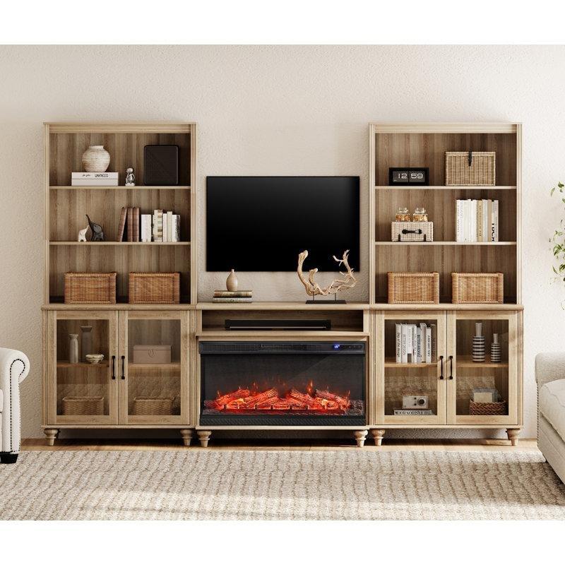 Meşe Masif Ahşap ve MDF Kitaplıklı Şömineli TV Ünitesi - 268 cm - 221562