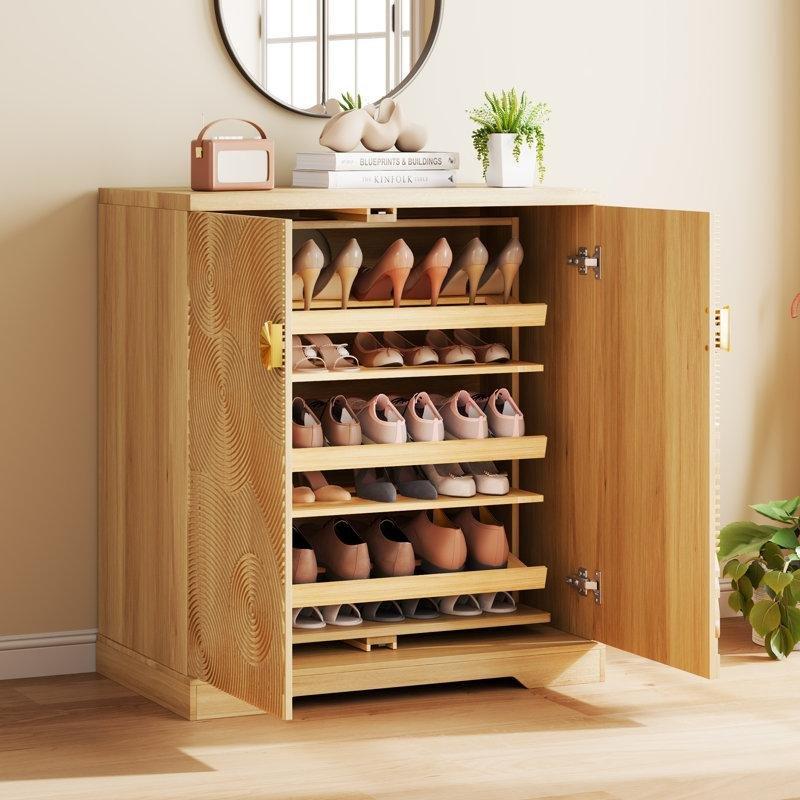 Meşe MDF 360 Derece Dönebilen 5 Raflı Kabartma Desenli Ayakkabılık Dolabı - 81 cm - 228393