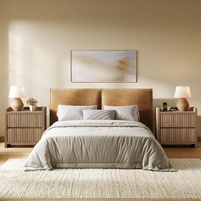 Meşe MDF Şarj Üniteli Yivli İki Çekmeceli Komodin İkili Set - 65x39 cm - 222617