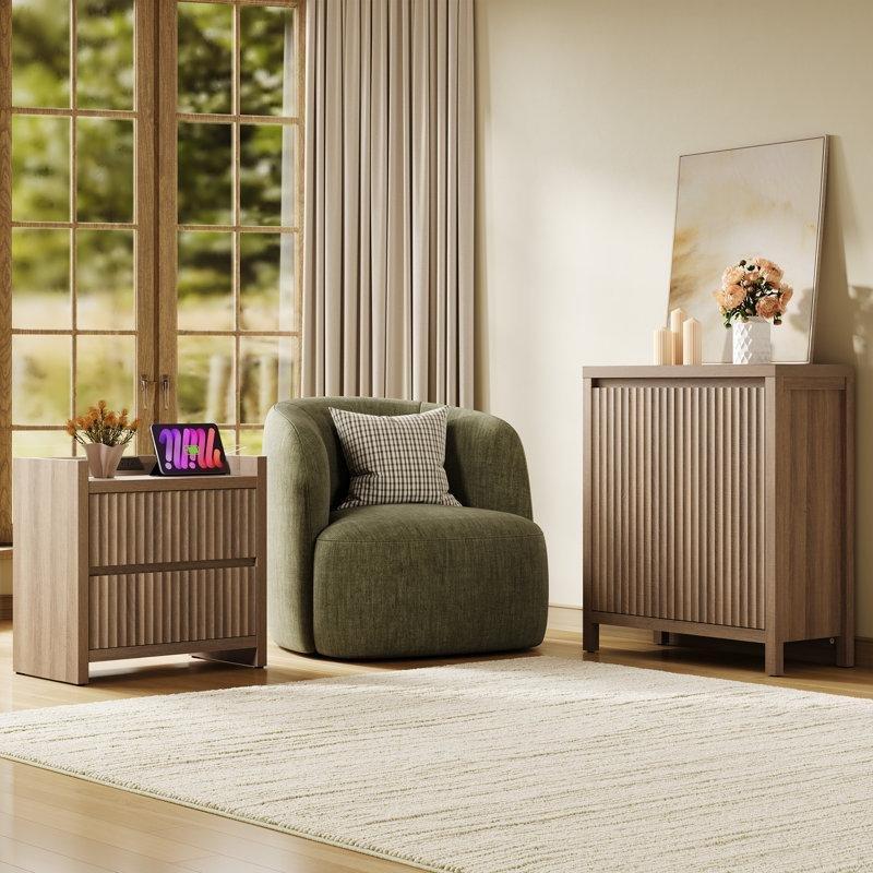 Meşe MDF Şarj Üniteli Yivli İki Çekmeceli Komodin İkili Set - 65x39 cm - 222617