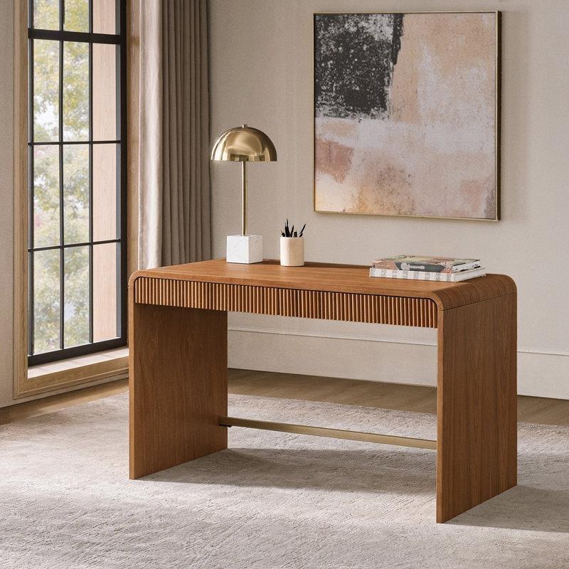 Meşe Palamudu Rengi Masif Ahşap ve MDF 2 Çekmeceli Yivli Vintage Çalışma Masası - 126 cm - 234033
