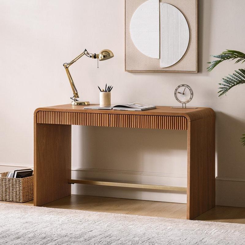Meşe Palamudu Rengi Masif Ahşap ve MDF 2 Çekmeceli Yivli Vintage Çalışma Masası - 126 cm - 234033