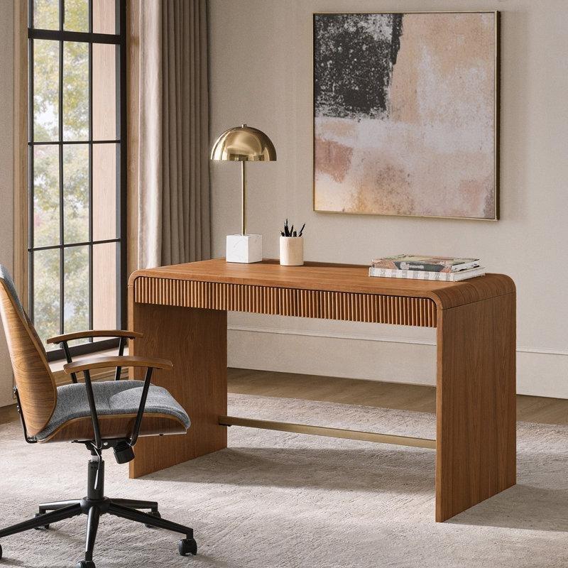 Meşe Palamudu Rengi Masif Ahşap ve MDF 2 Çekmeceli Yivli Vintage Çalışma Masası - 126 cm - 234033