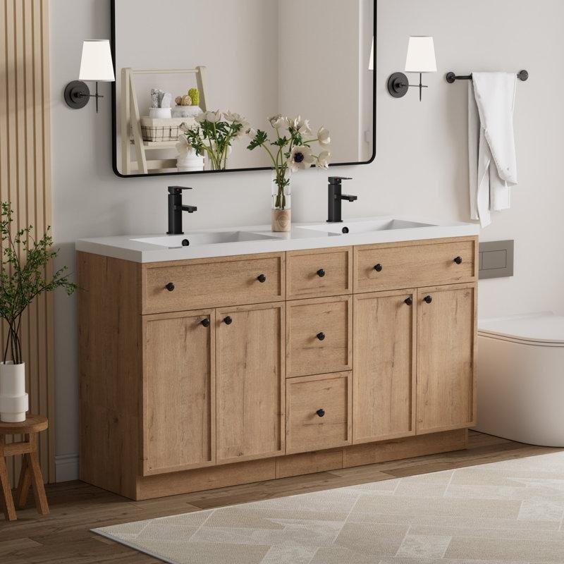 Meşe Rengi Ahşap İkili Lavabolu Çekmeceli Ayaklı Banyo Lavabo Dolabı - 153 cm - 198463