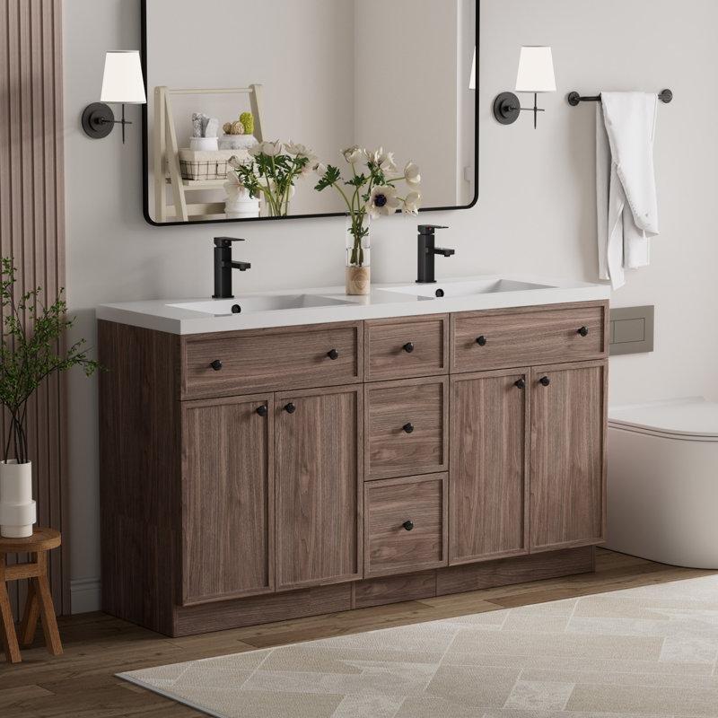 Meşe Rengi Ahşap İkili Lavabolu Çekmeceli Ayaklı Banyo Lavabo Dolabı - 153 cm - 198463