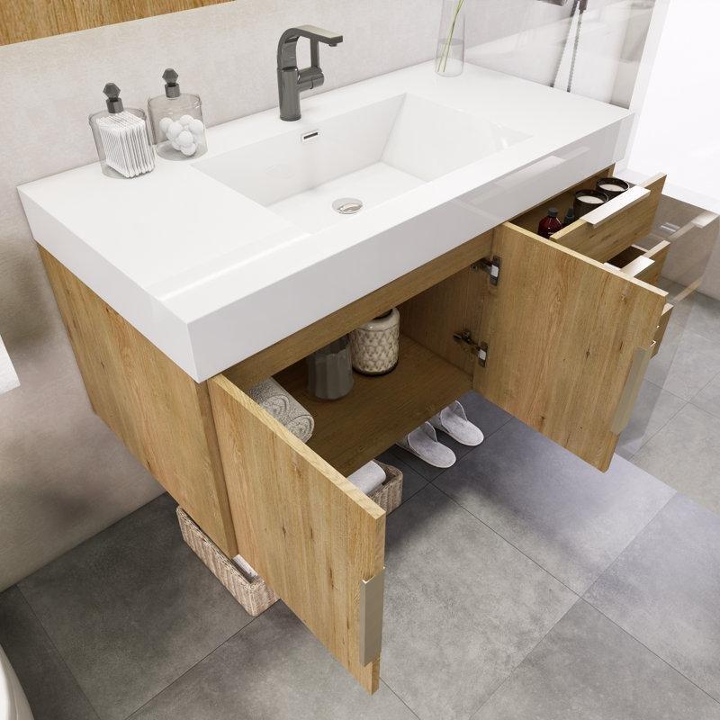 Meşe Rengi Akrilik Tezgahlı Duvara Monte Çekmeceli Banyo Lavabo Dolabı - 107 cm - 197552