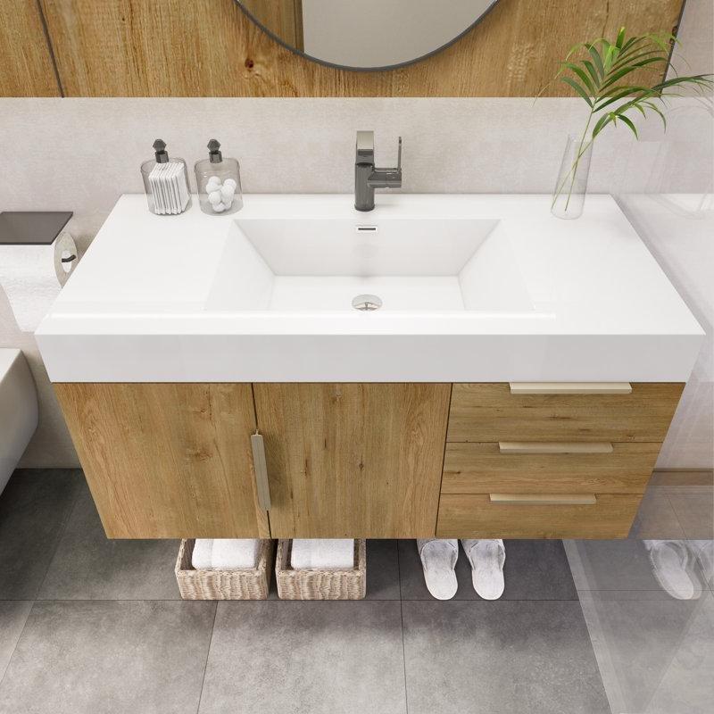 Meşe Rengi Akrilik Tezgahlı Duvara Monte Çekmeceli Banyo Lavabo Dolabı - 107 cm - 197552