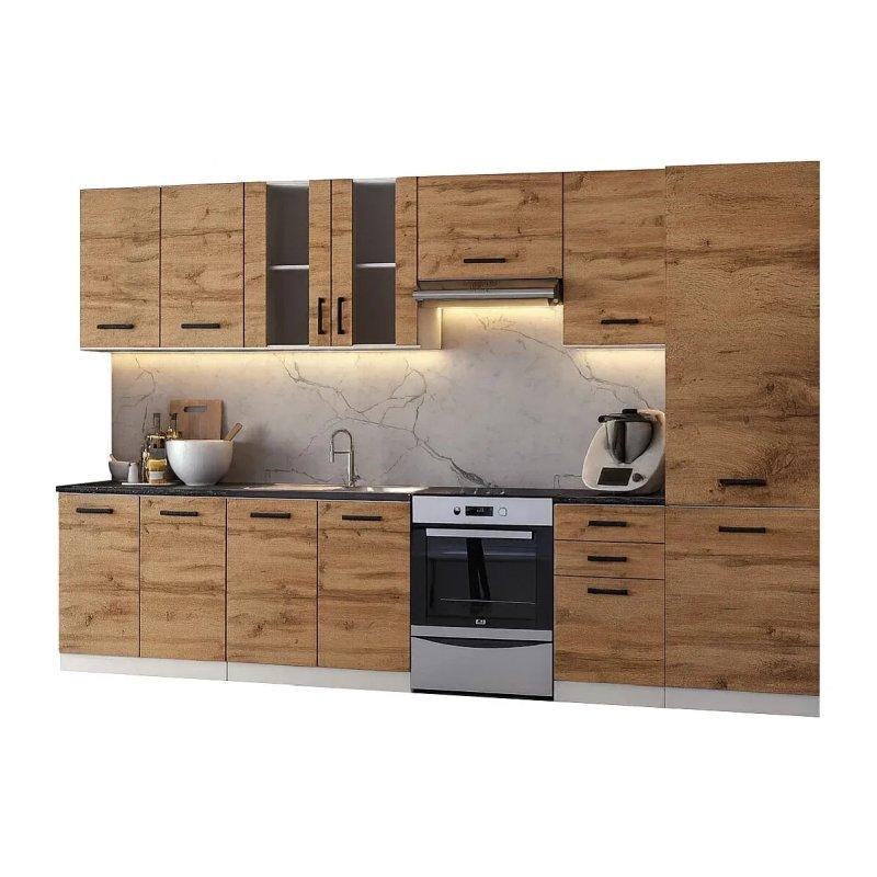 Meşe Rengi Kolonlu ve Vitrinli 8 Parça Modüler Mutfak Modeli - 320 cm - 186682