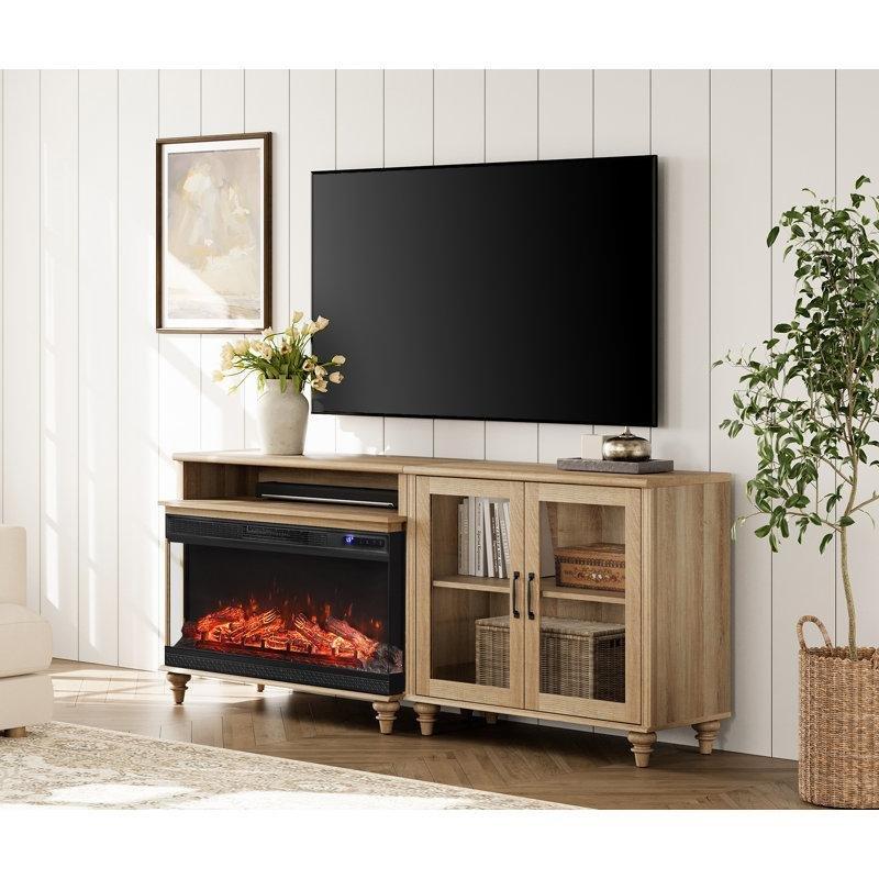 Meşe Rengi Masif ve MDF Ahşap Cam Kapaklı Elektrikli Şömineli TV Ünitesi - 182 cm - 221540