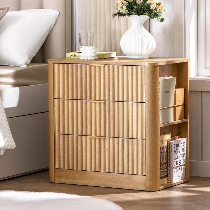 Meşe Rengi MDF 3 Çekmeceli Raflı Prizli ve USB Şarjlı Kavisli Komodin - 60x40 cm - 222947