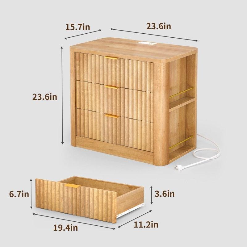 Meşe Rengi MDF 3 Çekmeceli Raflı Prizli ve USB Şarjlı Kavisli Komodin - 60x40 cm - 222947