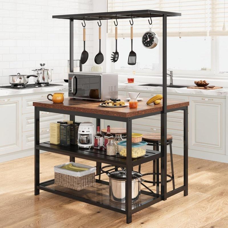 Meşe Rengi MDF Prizli 3 Raflı 5 Kancalı Metal Ayaklı Mutfak Rafı - 107x72x183 cm - 163894
