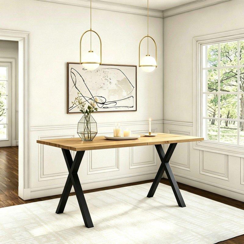 Meşe Rengi MDF Siyah Metal Çapraz Ayaklı Bohem Yemek Masası - 140x80 cm - 236400