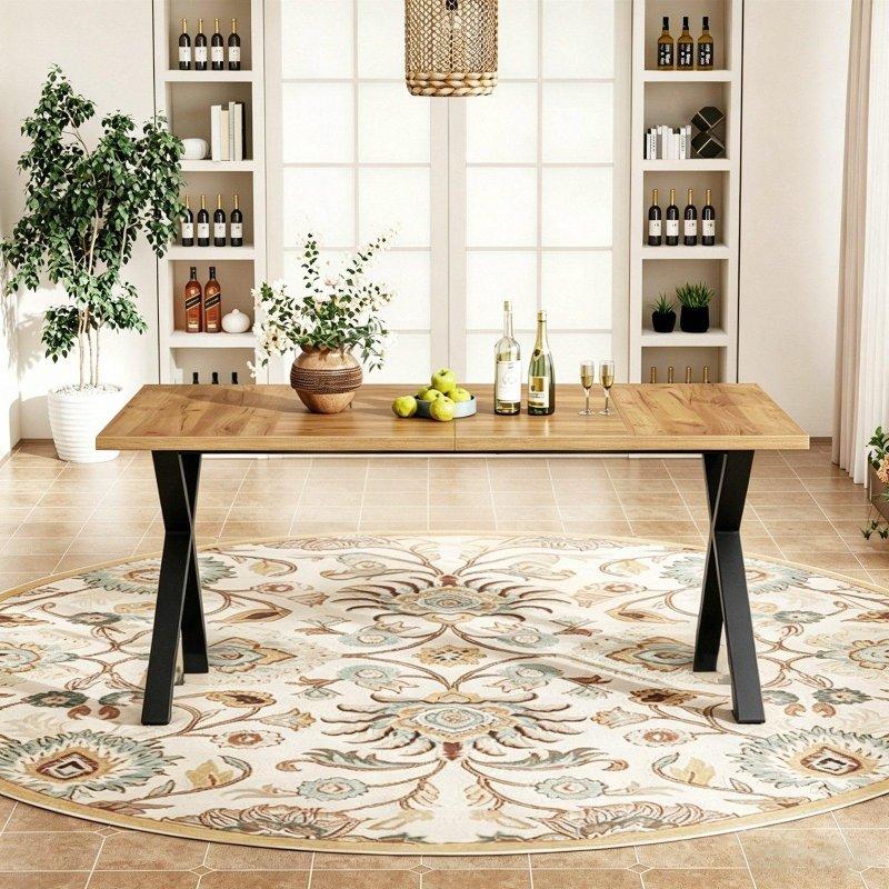 Meşe Rengi MDF Siyah Metal Çapraz Ayaklı Bohem Yemek Masası - 140x80 cm - 236400