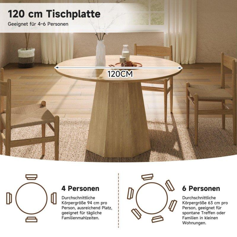Meşe Rengi MDF Sütun Ayaklı Yuvarlak Bohem Yemek Masası 4-6 Kişilik - 120 cm - 235316