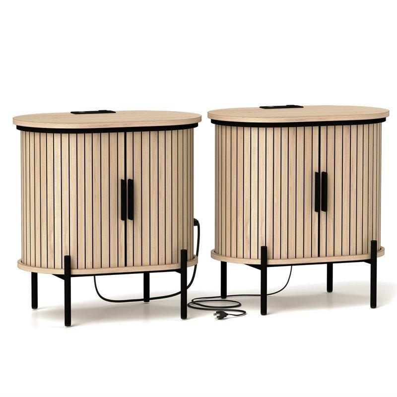Meşe Rengi MDF USB Portlu Yivli Kapaklı Oval İkili Komodin Seti - 56 cm - 223850