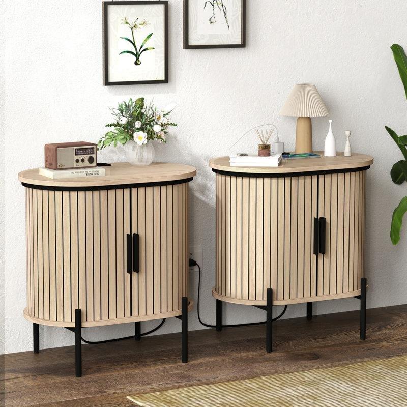 Meşe Rengi MDF USB Portlu Yivli Kapaklı Oval İkili Komodin Seti - 56 cm - 223850