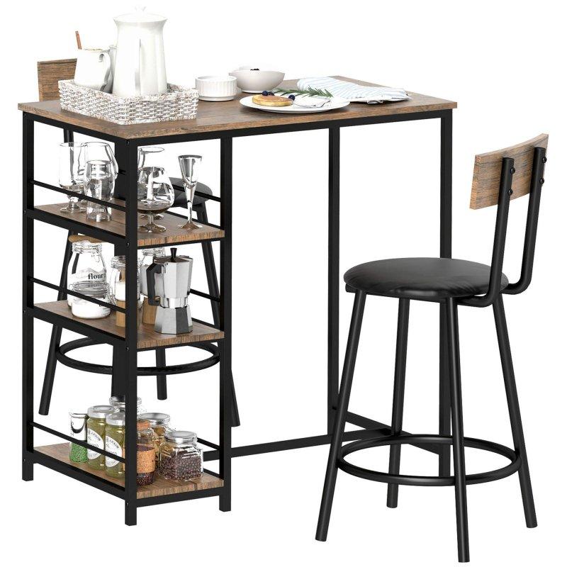 Meşe Rengi MDF ve Çelik 3 Raflı 2 Tabureli Bar Masası Seti - 90x50 cm - 232478