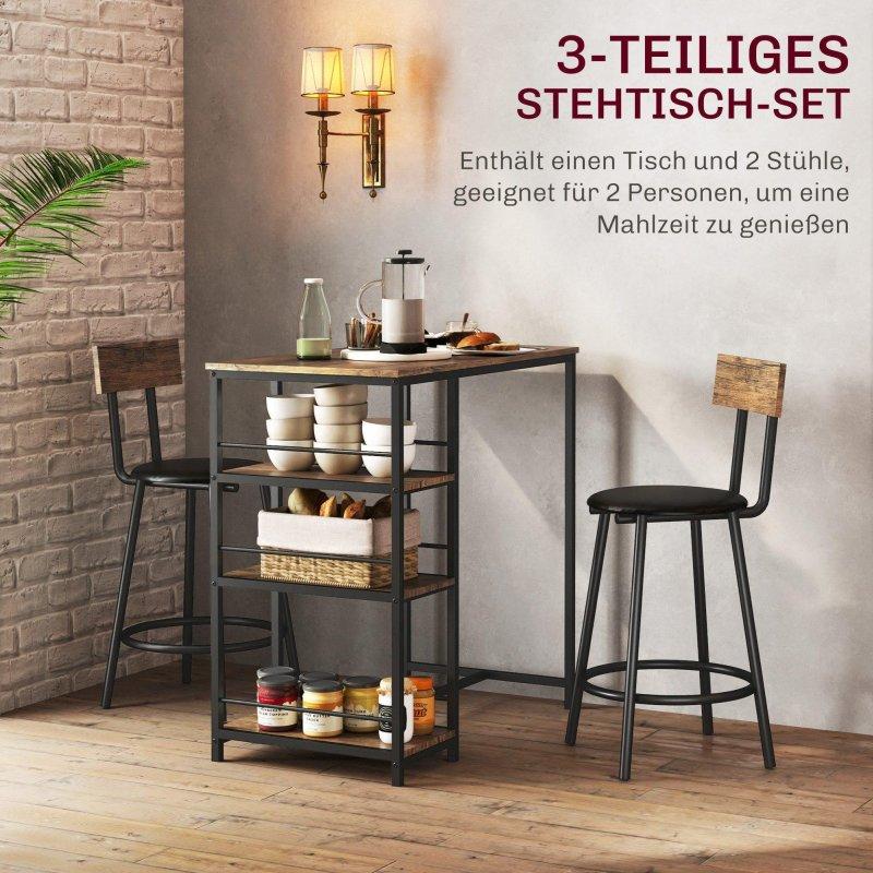 Meşe Rengi MDF ve Çelik 3 Raflı 2 Tabureli Bar Masası Seti - 90x50 cm - 232478